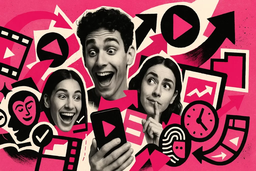 Colagem criativa com rostos expressivos e ícones digitais sobre vídeos que vendem storytelling prático para reels