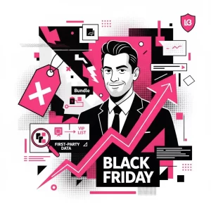Empreendedor digital confiante com elementos de Black Friday estratégica, como bundles, lista VIP e gráfico de crescimento.