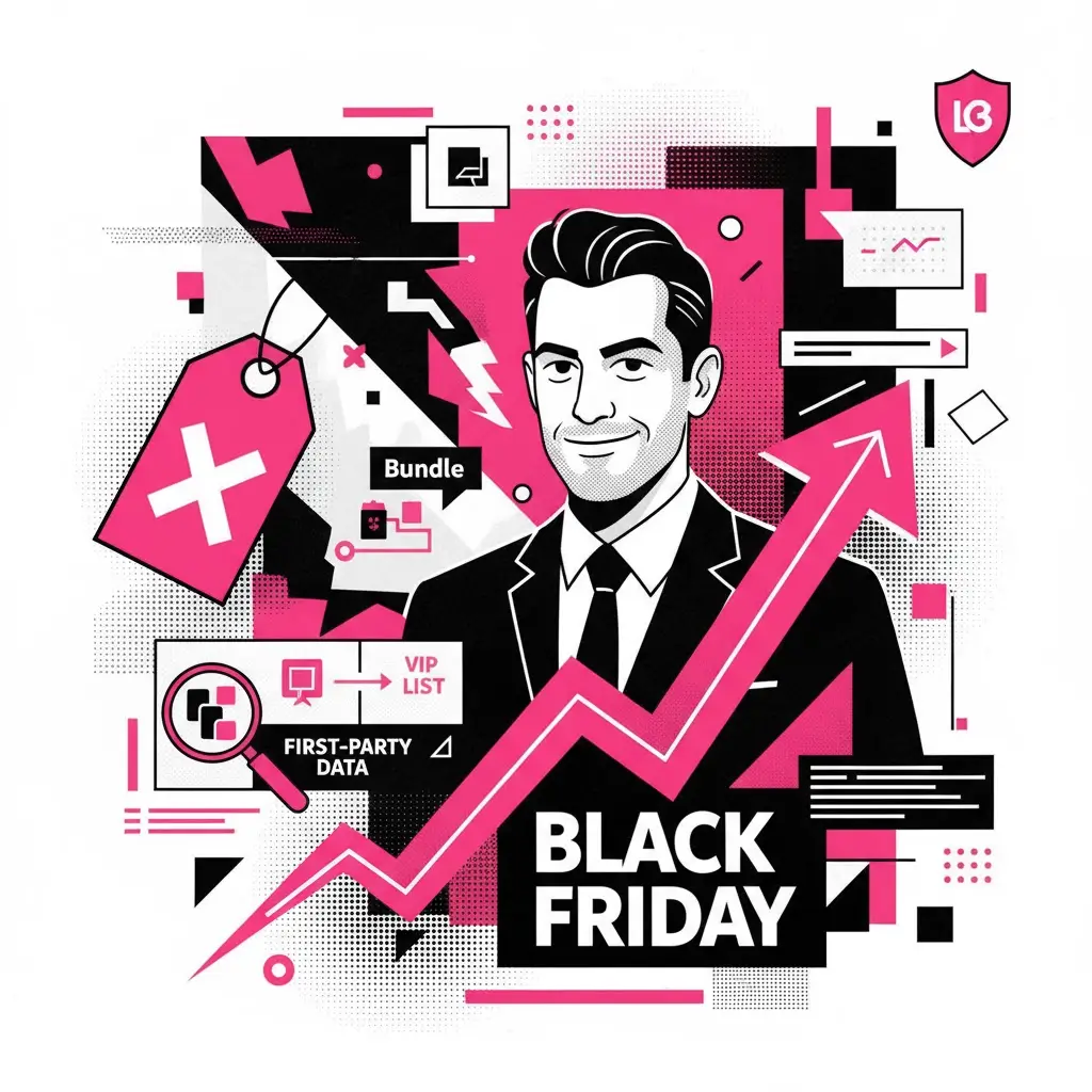Empreendedor digital confiante com elementos de Black Friday estratégica, como bundles, lista VIP e gráfico de crescimento.