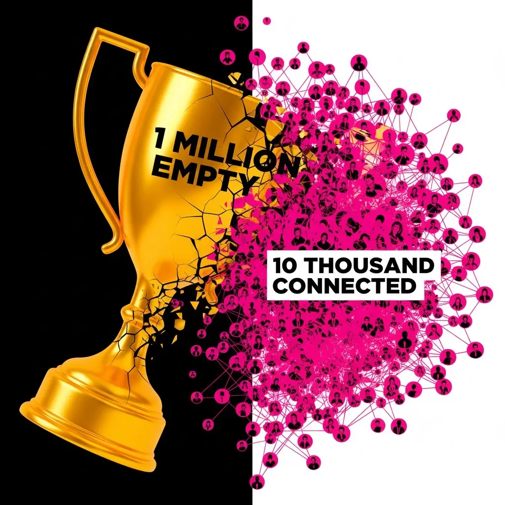 Colagem digital dividida: de um lado, um troféu dourado quebrado com o texto "1 Million Empty" (1 milhão vazio); do outro, uma rede rosa de pessoas conectadas com o texto "10 Thousand Connected" (10 mil conectados), simbolizando a força dos micro-influenciadores.