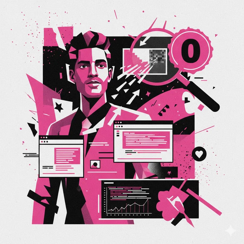 Empreendedor brasileiro em colagem moderna destacando SEO para imagens e Posição Zero no Google.