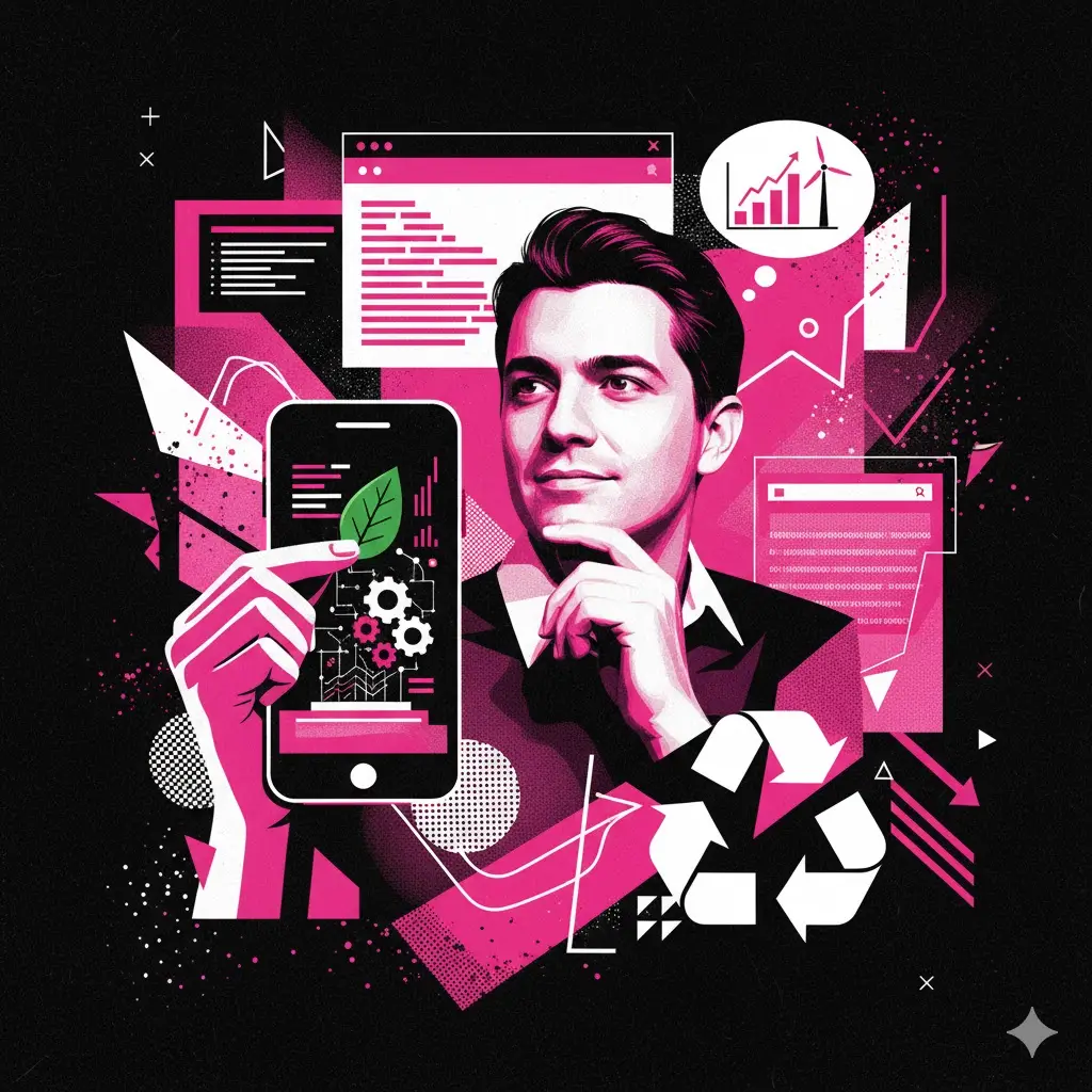 Empreendedor digital brasileiro pensando em sustentabilidade no marketing com elementos tecnológicos e ecológicos abstratos.