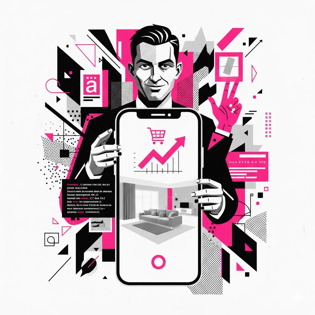 Empreendedor digital em colagem moderna apresentando um celular com AR mostrando um sofá virtual em uma sala e gráfico de vendas.