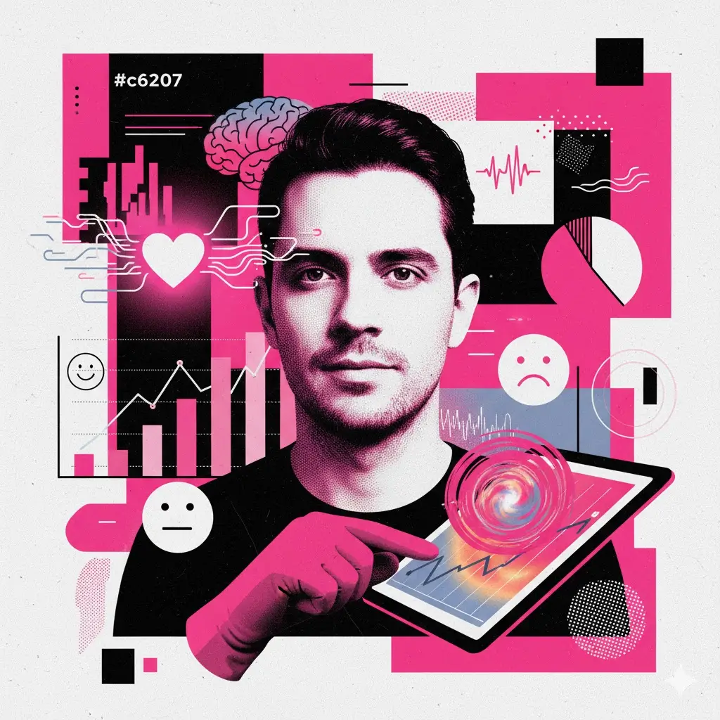 Empreendedor analisando métricas de emoções em tablet com gráficos e ícones de sentimentos em marketing digital.