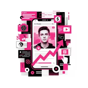 Empreendedor digital em colagem moderna com smartphone exibindo vídeo, ícone de carrinho de compras e gráfico de vendas ascendente.