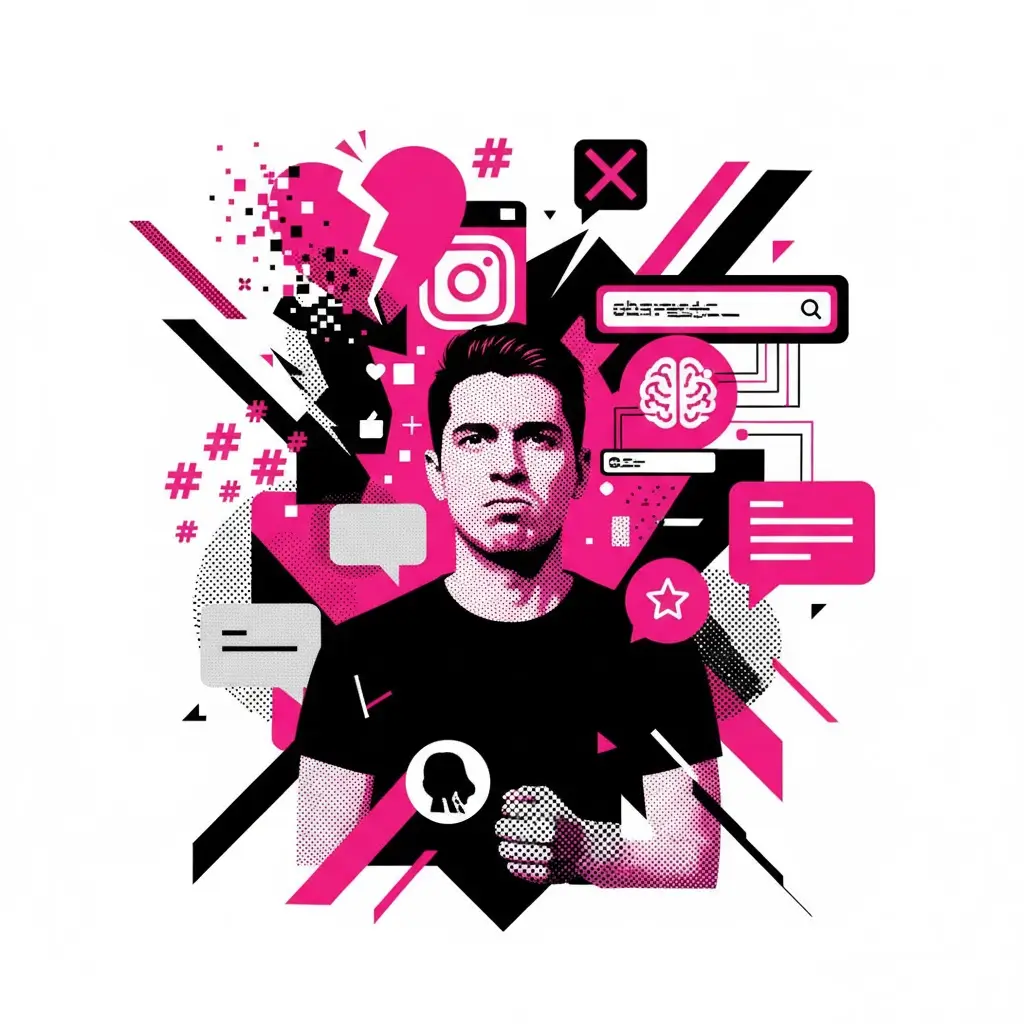 Empreendedor digital com ícones de erros no Instagram (coração partido, hashtags sem foco) e estratégias (busca, salvos, DMs).