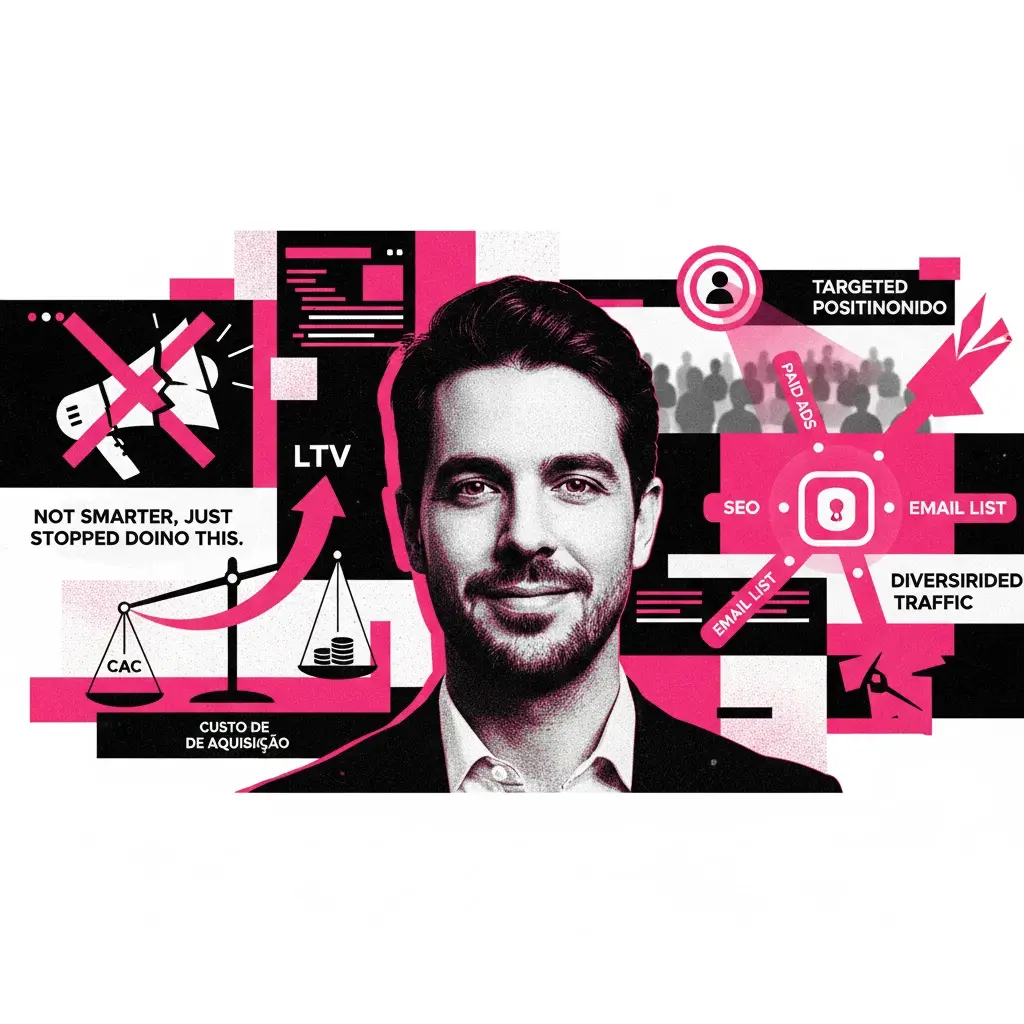 Empreendedor digital confiante com gráficos de LTV e CAC, representação de público-alvo e fontes de tráfego diversas.